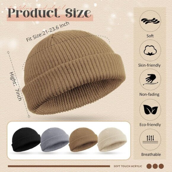 ⚡Unisex Black, Light Gray, Khaki, Beige 4 Pieces Watch Hat Fisherman Beanie - Picture 2 of 7
